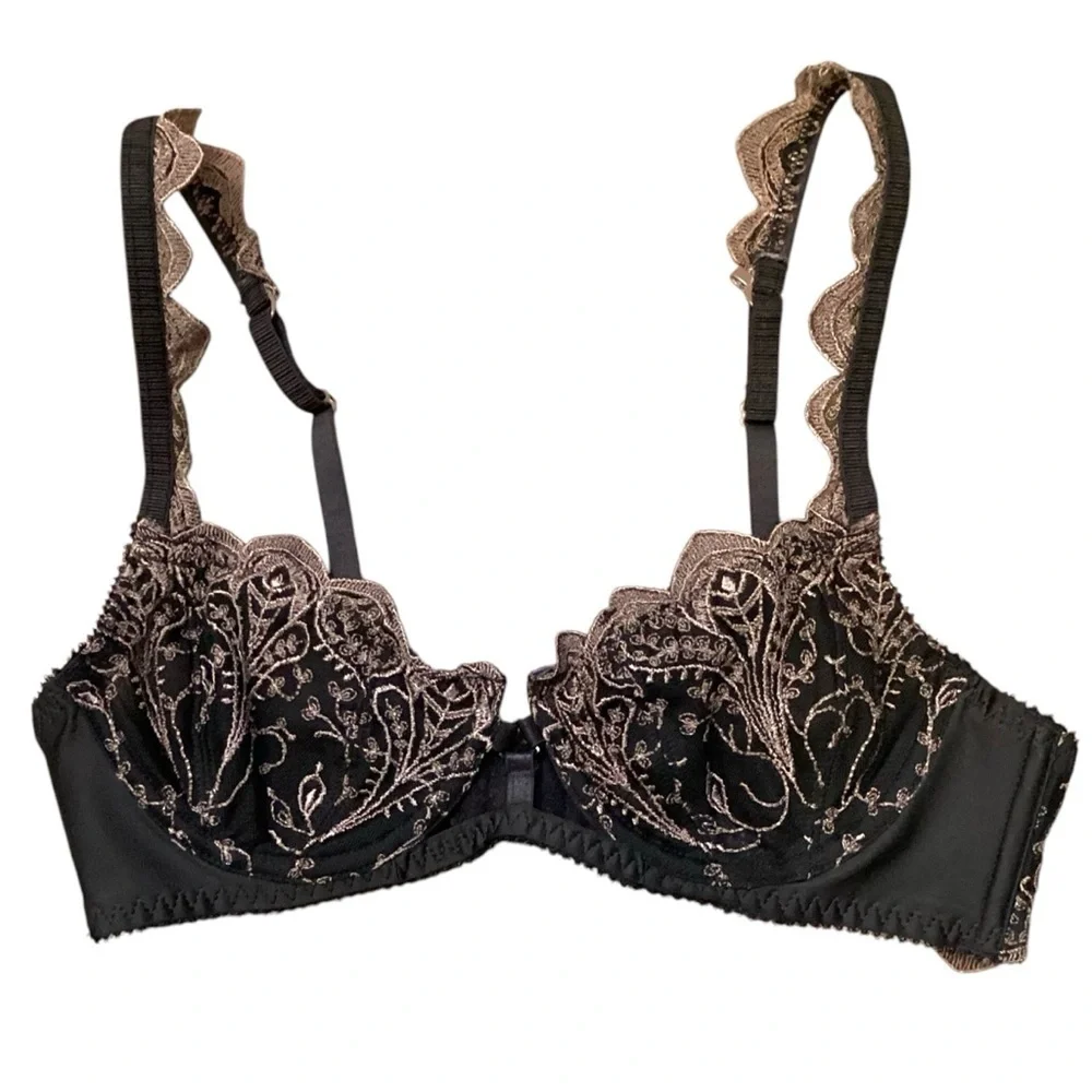 Intimately Free People Black‎ & Mauve Scalloped Lace Trim Bra Unpadded Size 32B